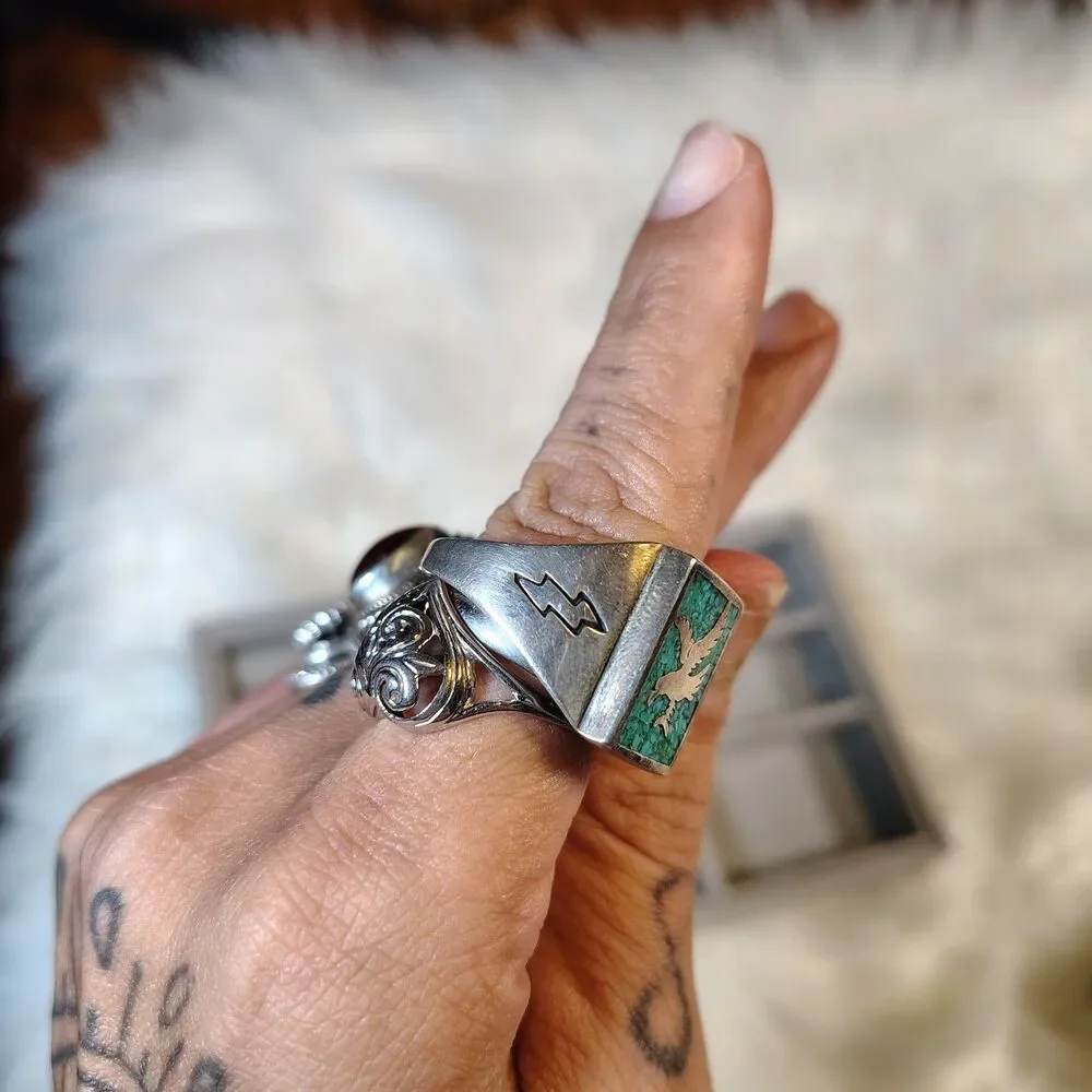 Carolyn Pollack Crushed Turquoise Inlay Sterling Eagle Signet VTG Mens Ring/J121